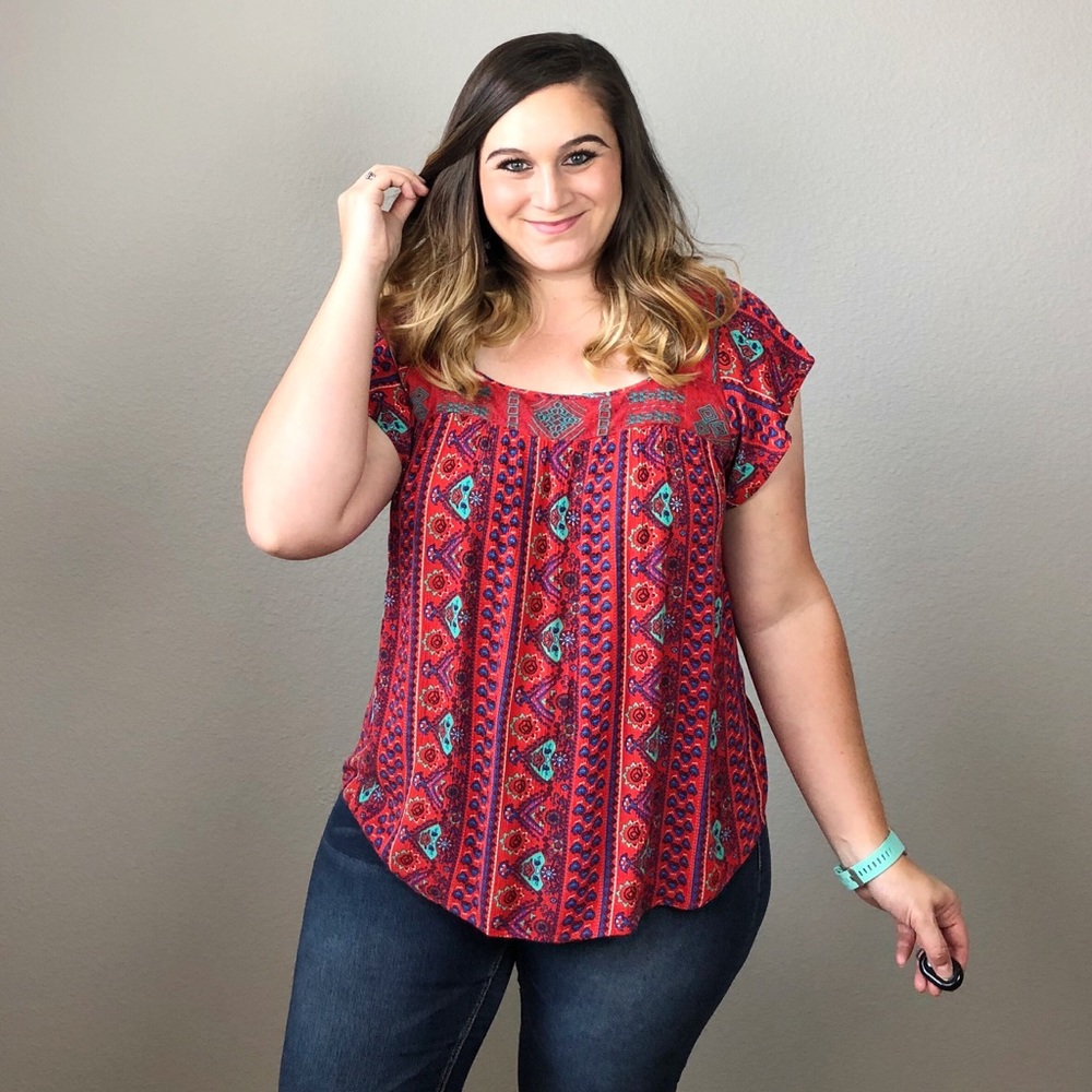 Torrid Geometric Embroidered Flutter Sleeve Blouse